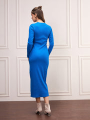 Women Royal Blue Rib Bodycon Full Sleeves Midi Dress-SFDRSS12506