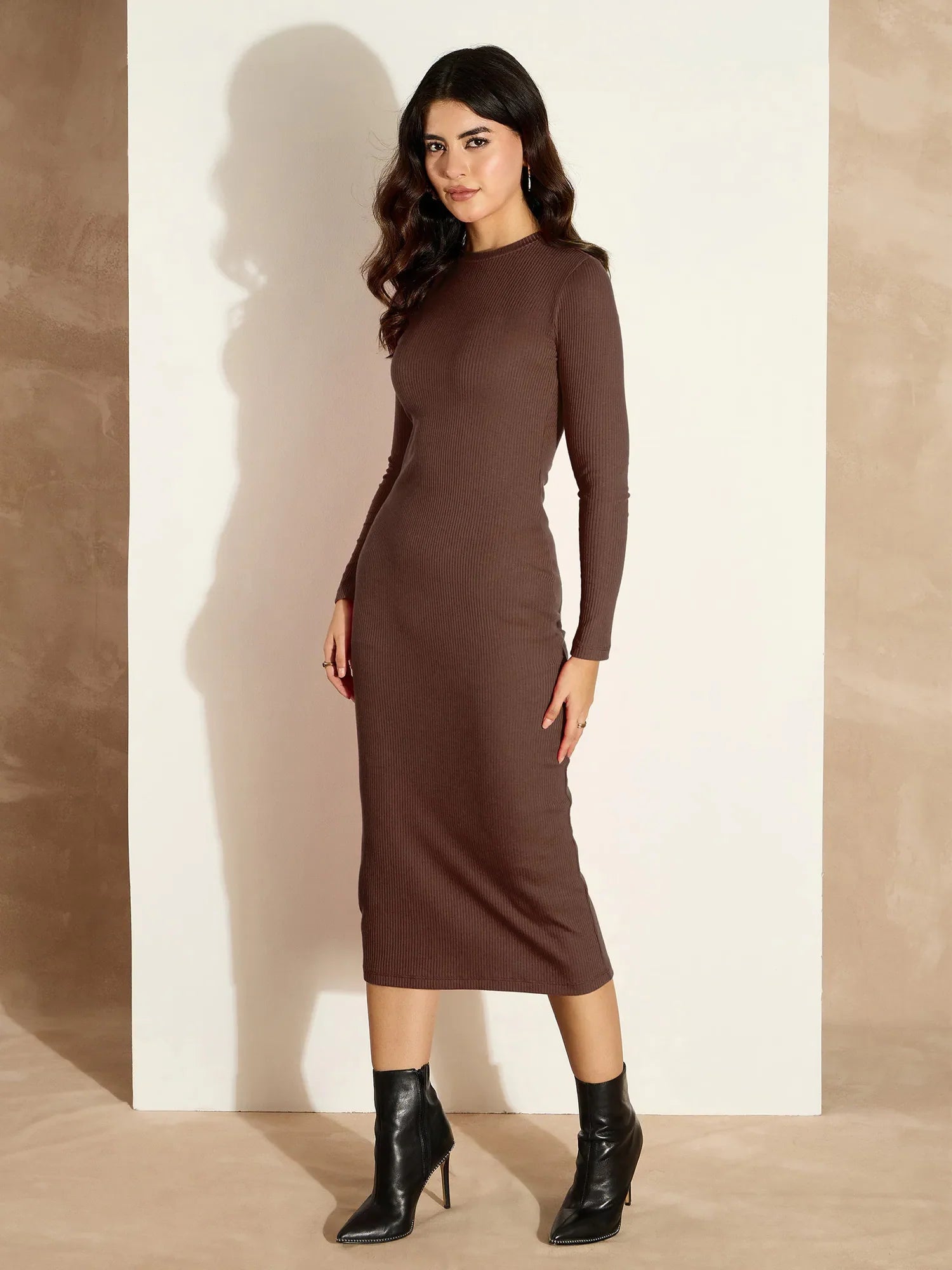 Dark Brown Ribbed Bodycon Midi Dress | Women's Lehenga