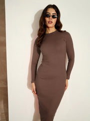 Women Dark Brown Rib Bodycon Full Sleeves Midi Dress-SFDRSS12507