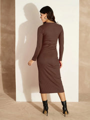 Women Dark Brown Rib Bodycon Full Sleeves Midi Dress-SFDRSS12507