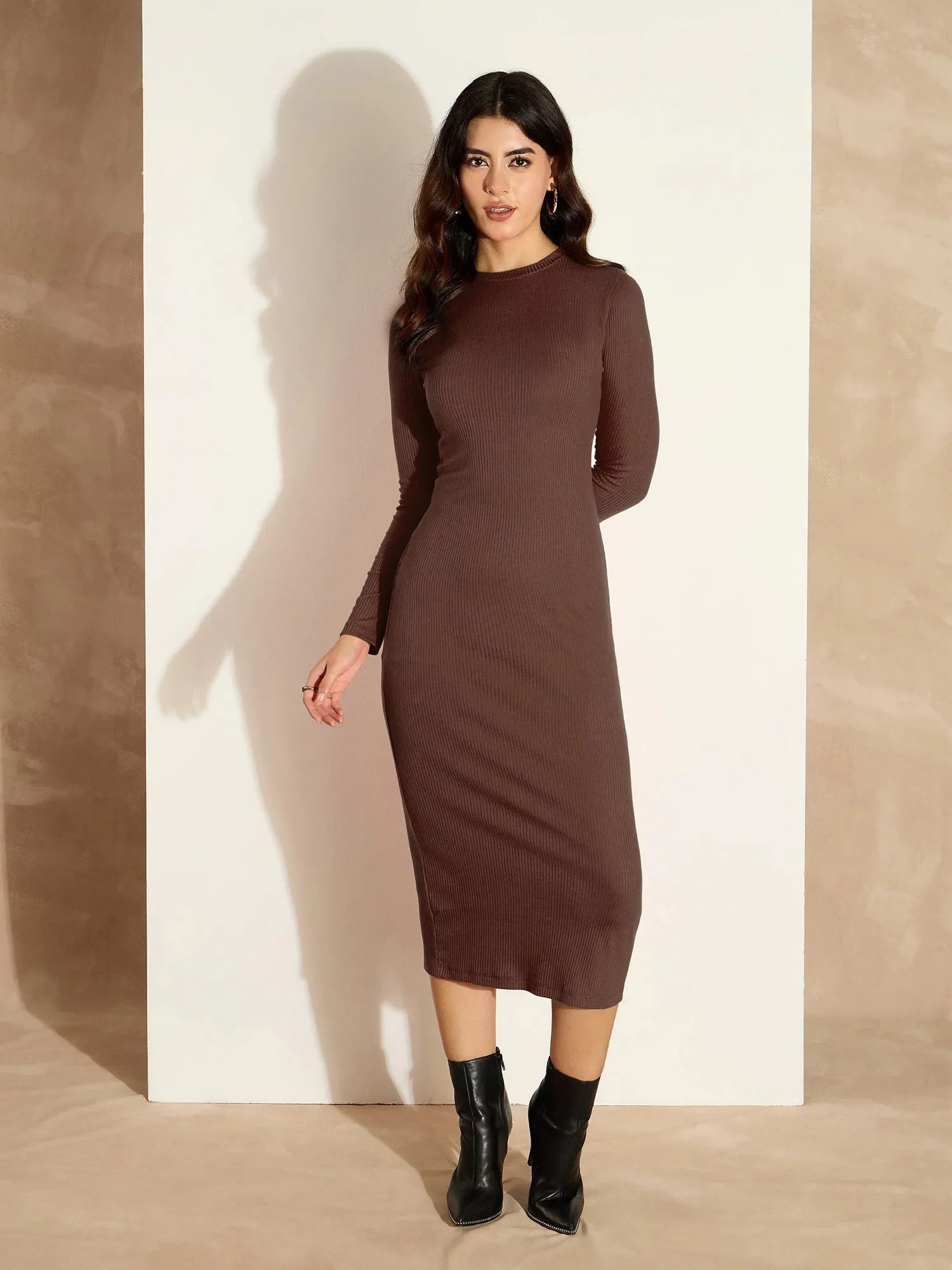 Dark Brown Ribbed Bodycon Midi Dress | Women's Lehenga
