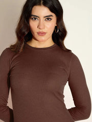 Women Dark Brown Rib Bodycon Full Sleeves Midi Dress-SFDRSS12507