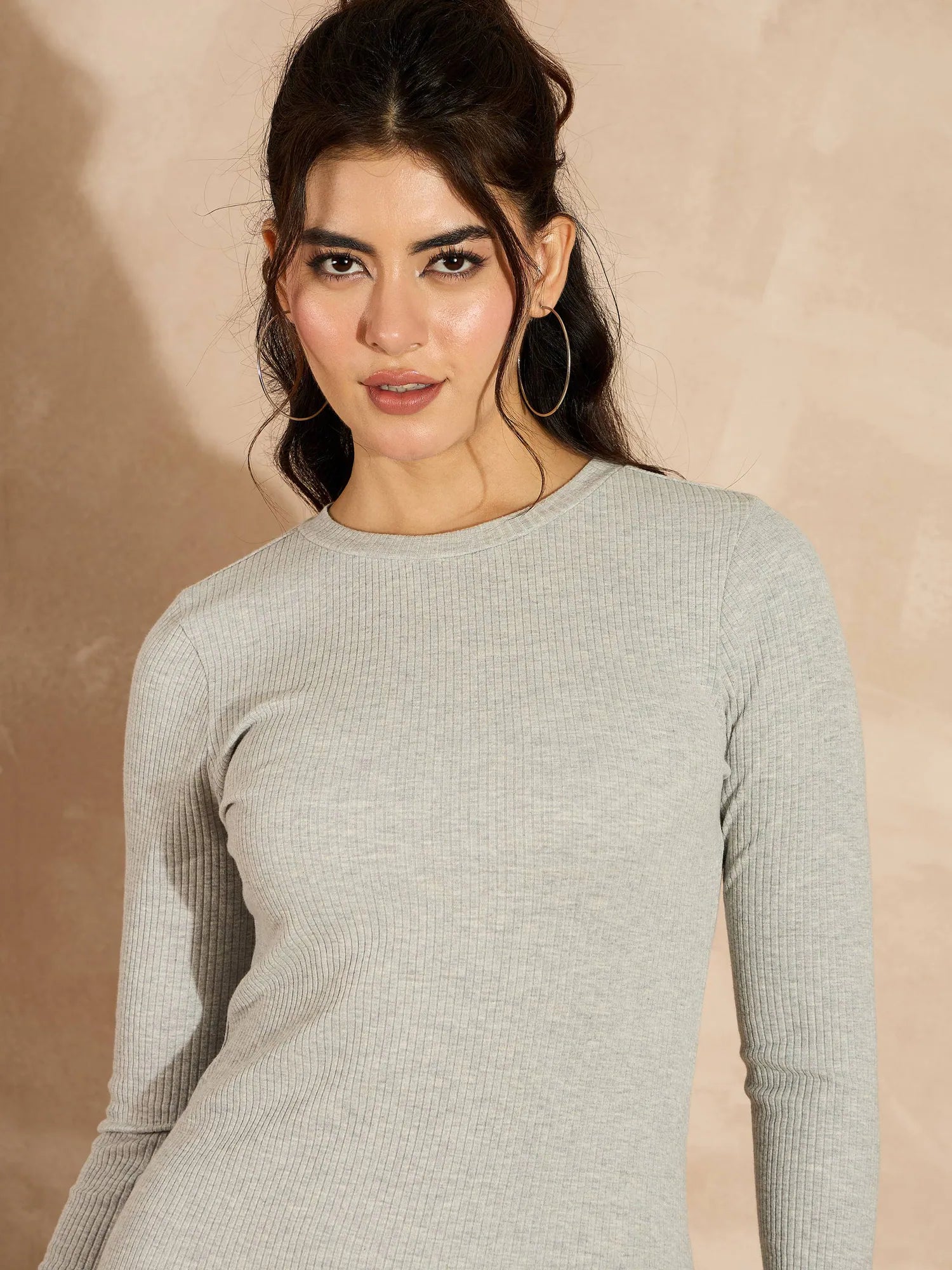 Grey Ribbed Bodycon Midi Dress | Lehenga Choli for Women (56)