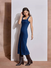 Women Navy Blue Denim Strappy Midi Dress-SFDRSS12514