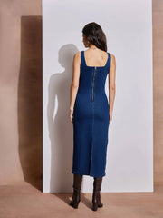 Women Navy Blue Denim Strappy Midi Dress-SFDRSS12514