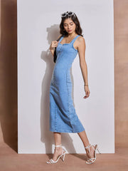 Women Ice Blue Denim Strappy Midi Dress-SFDRSS12515