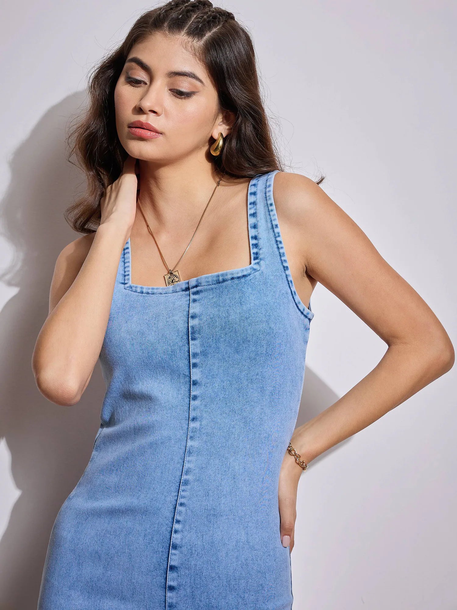 Denim Midi Dress - Ice Blue Strappy Women's Dress | StyleForever