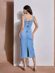 Women Ice Blue Denim Strappy Midi Dress-SFDRSS12515