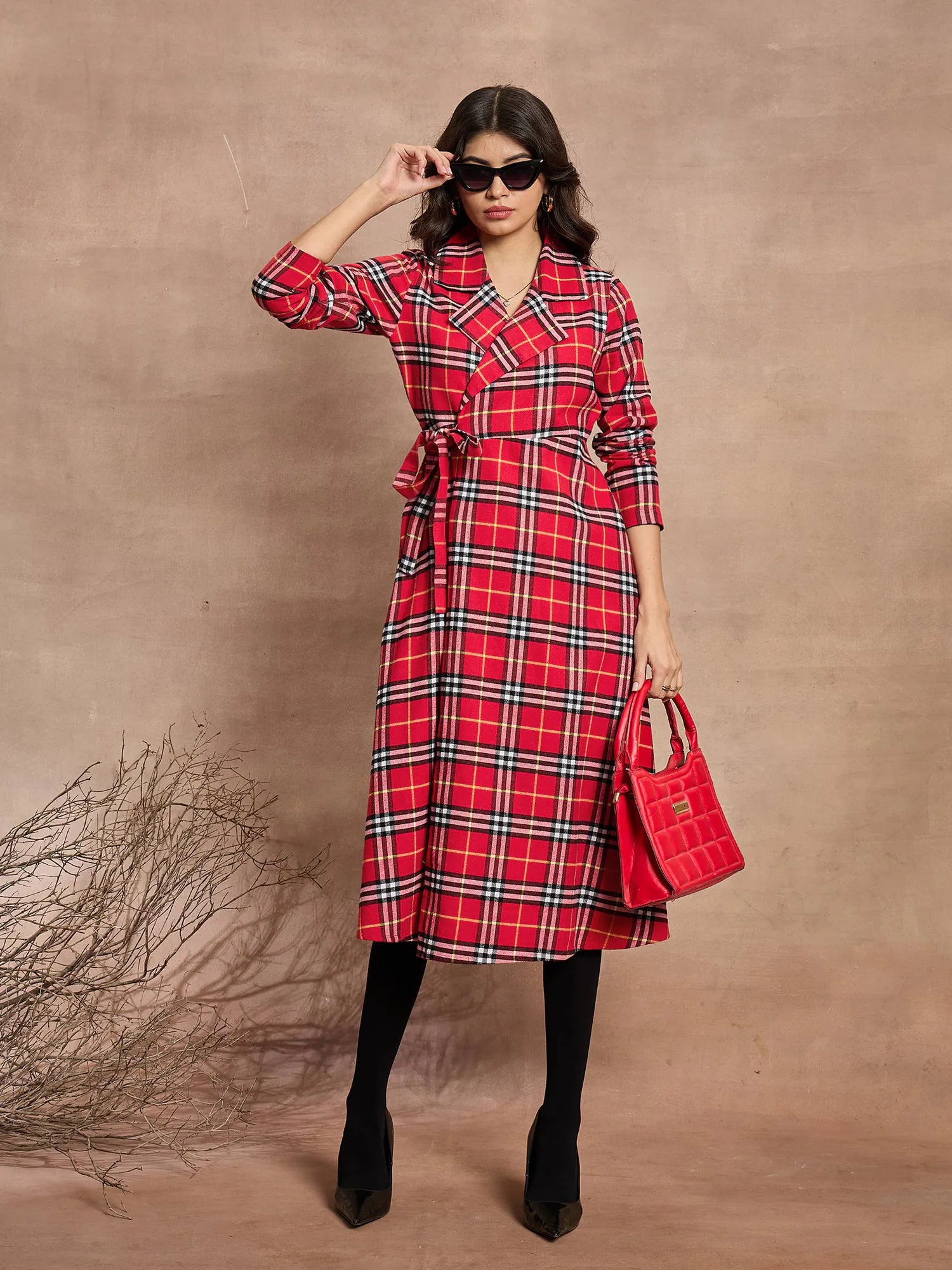 Red Check Wrap Midi Dress - Women's Ethnic Lehenga Style