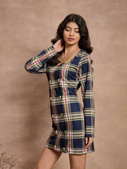 Women Navy Blue Check Front Button Short Dress-SFDRSS12521