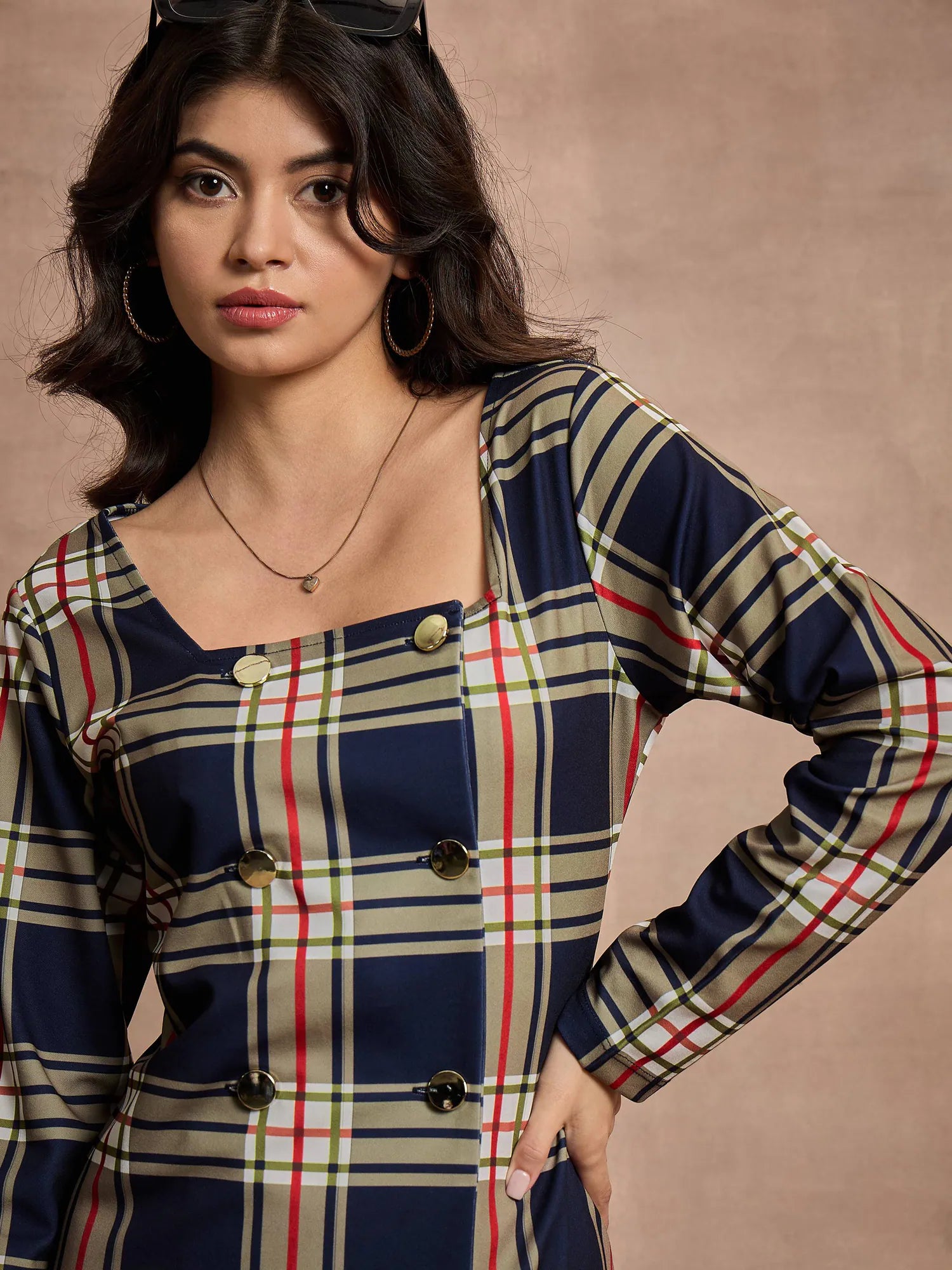 Navy Checkered Dress - Button Front Short Dress for Women