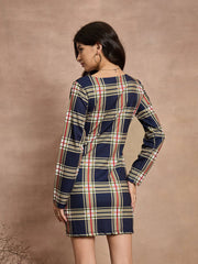 Women Navy Blue Check Front Button Short Dress-SFDRSS12521