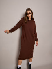 Women Brown Terry Oversized Midi Sweat Dress-SFDRSS12522