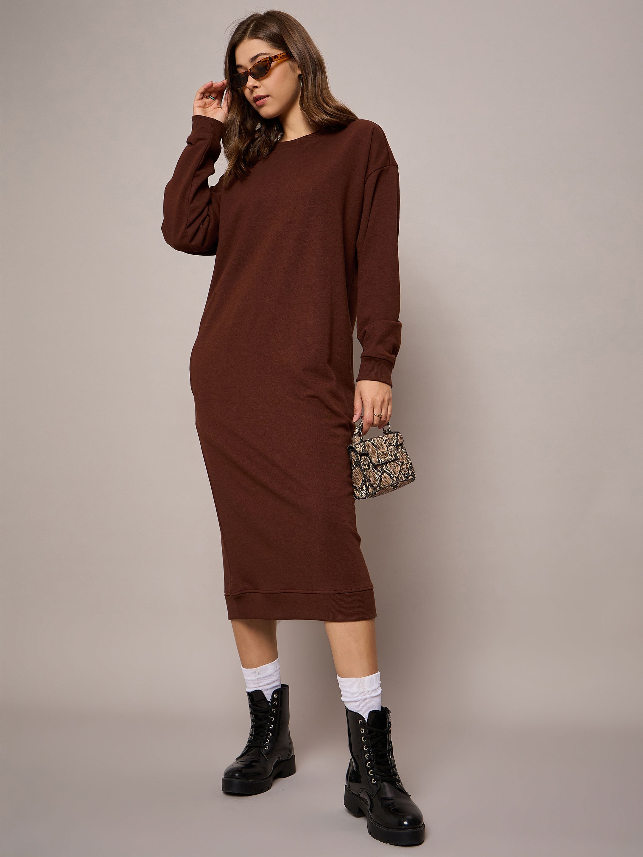 Women Brown Terry Oversized Midi Sweat Dress-SFDRSS12522