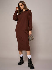 Women Brown Terry Oversized Midi Sweat Dress-SFDRSS12522