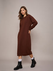 Women Brown Terry Oversized Midi Sweat Dress-SFDRSS12522