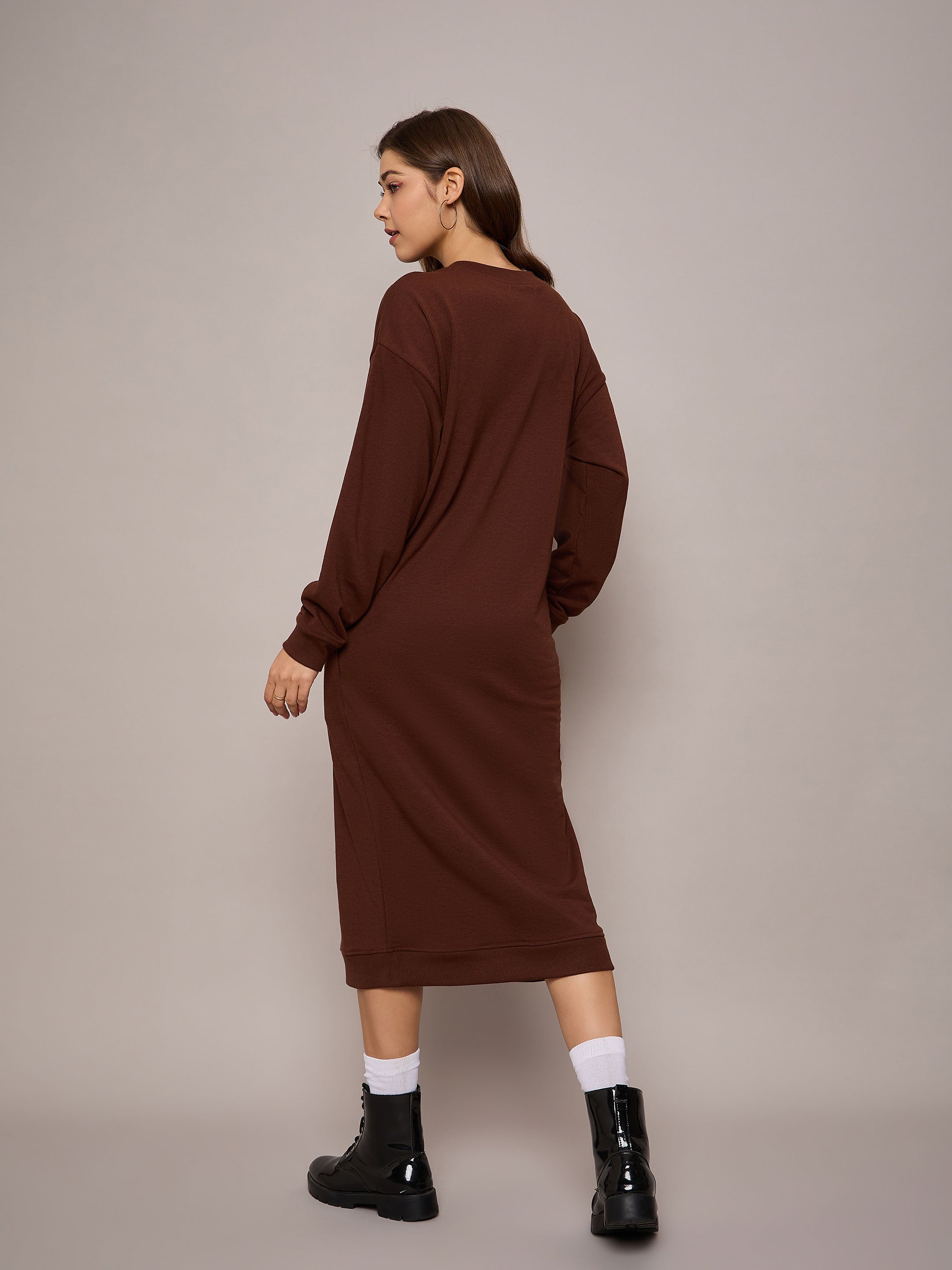 Women Brown Terry Oversized Midi Sweat Dress-SFDRSS12522