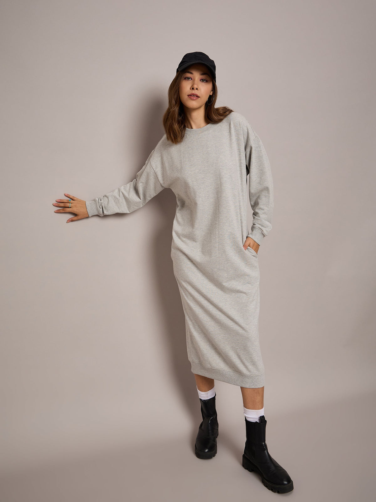 Women Grey Melange Terry Oversized Midi Sweat Dress-SFDRSS12523