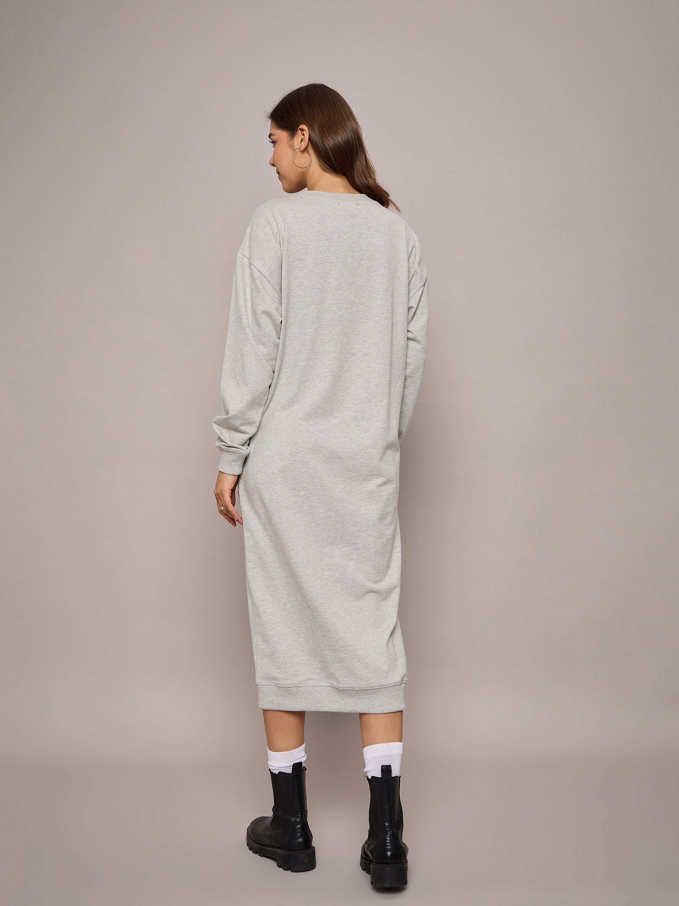 Women Grey Melange Terry Oversized Midi Sweat Dress-SFDRSS12523