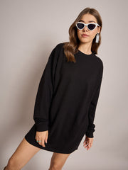 Women Black Terry Oversized Short Sweat Dress-SFDRSS12524
