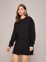 Women Black Terry Oversized Short Sweat Dress-SFDRSS12524