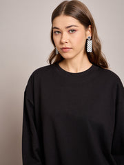 Women Black Terry Oversized Short Sweat Dress-SFDRSS12524