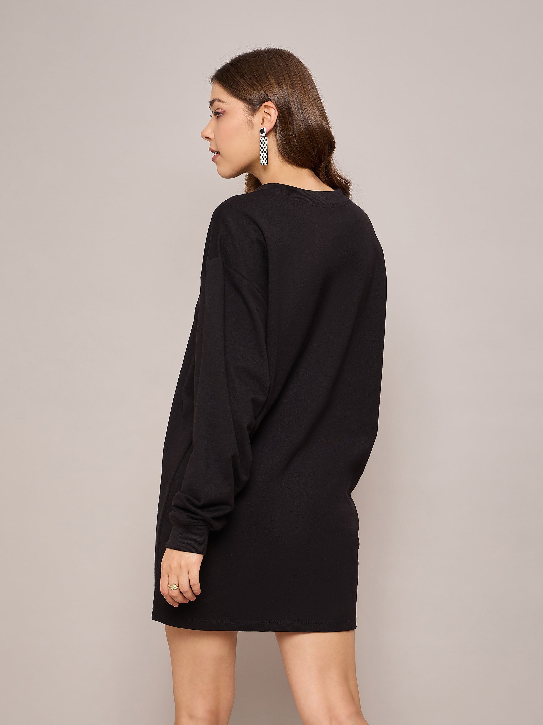 Women Black Terry Oversized Short Sweat Dress-SFDRSS12524