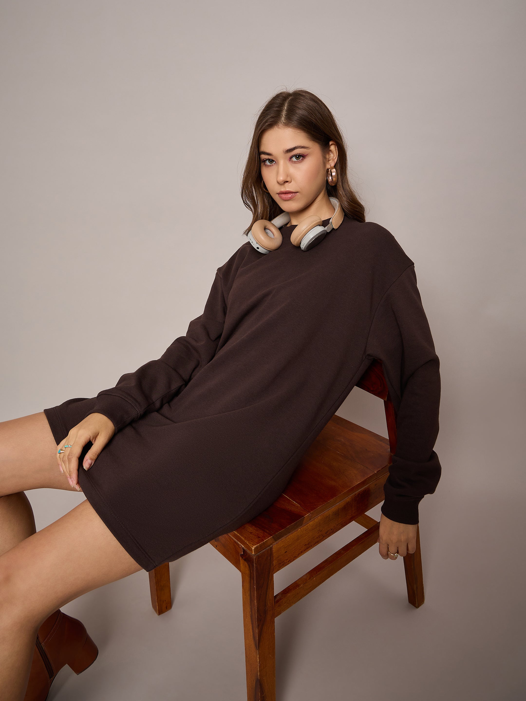 Women Brown Terry Oversized Short Sweat Dress-SFDRSS12525