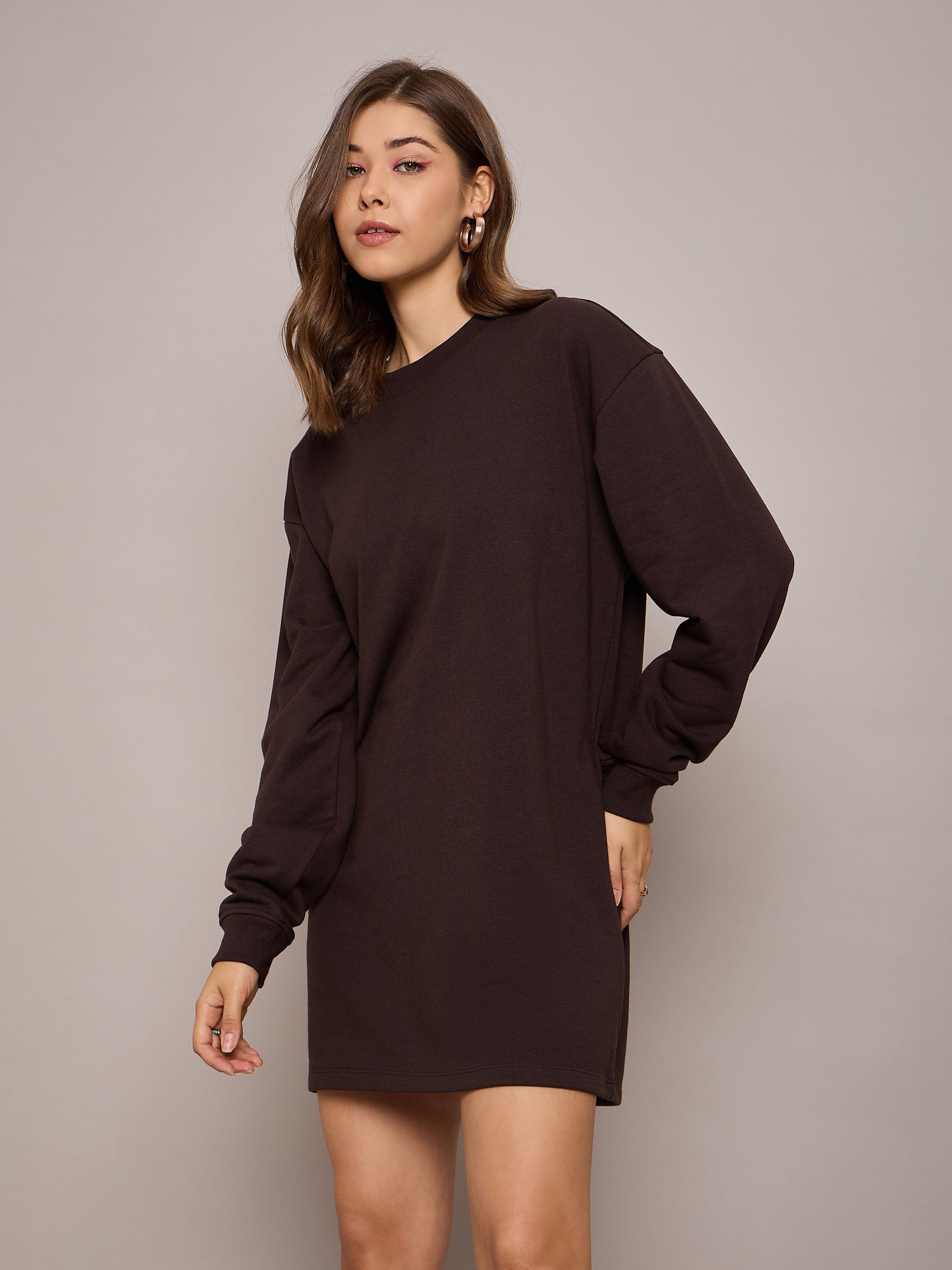 Women Brown Terry Oversized Short Sweat Dress-SFDRSS12525