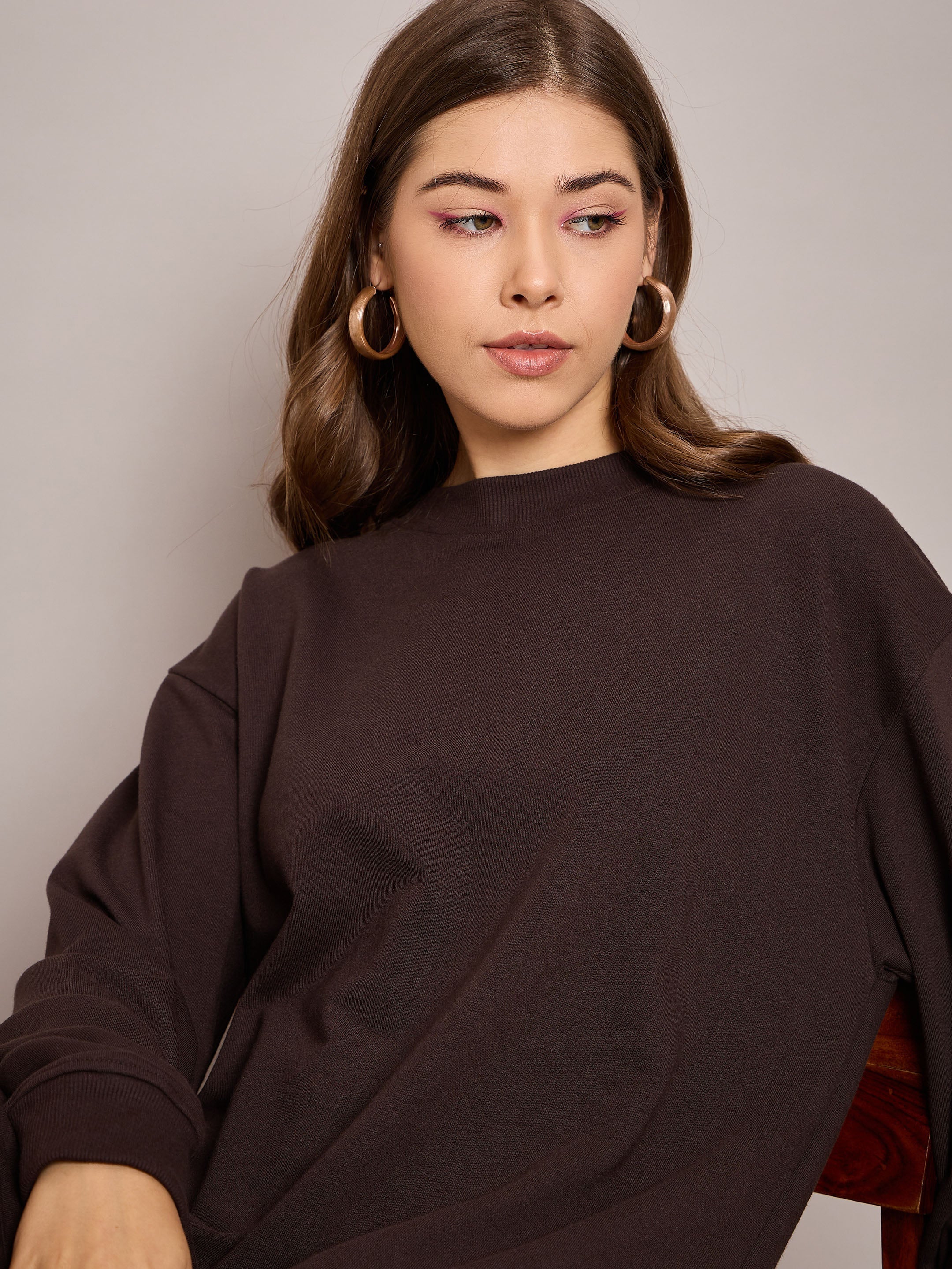 Women Brown Terry Oversized Short Sweat Dress-SFDRSS12525