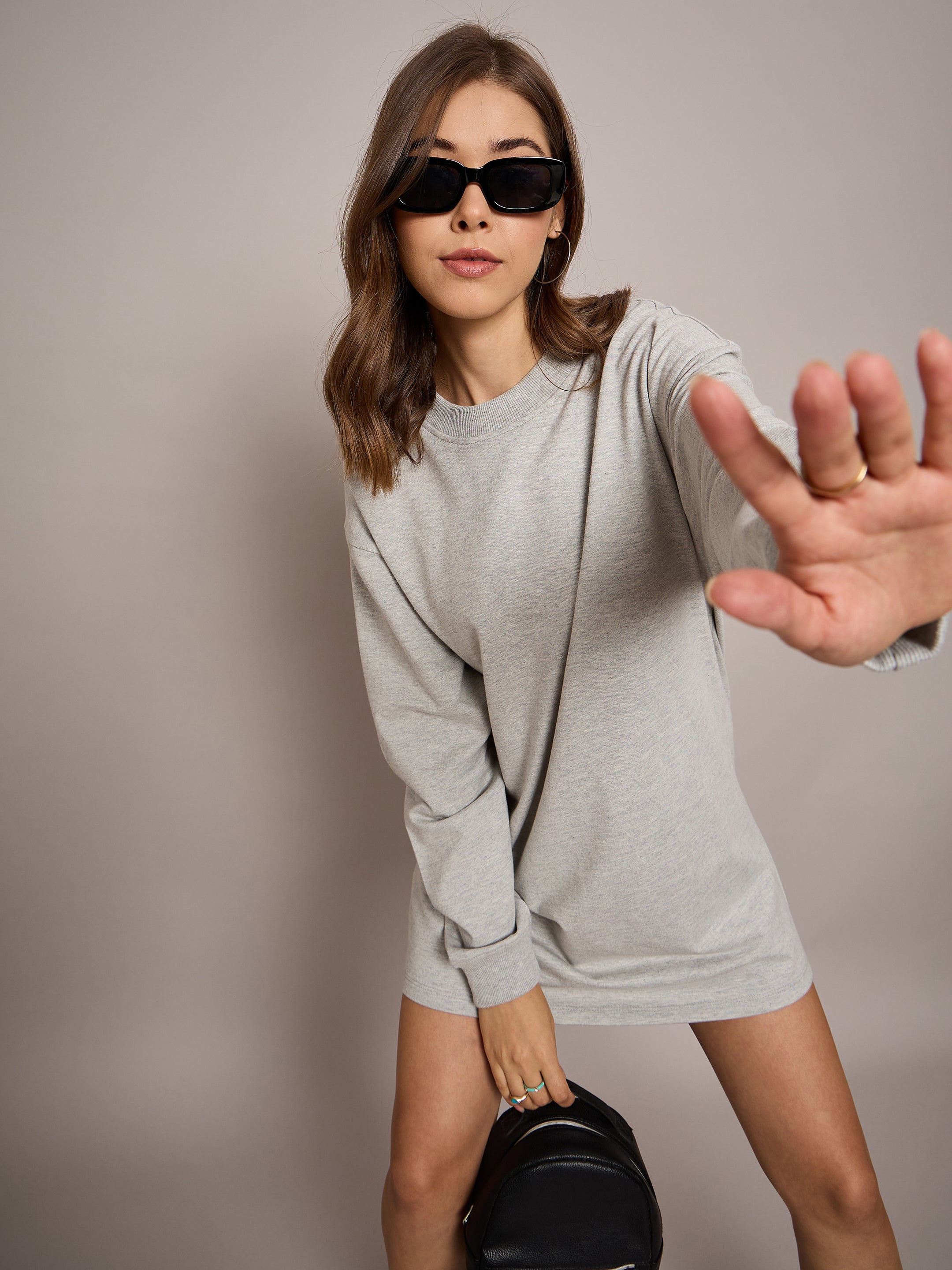 Women Grey Melange Terry Oversized Short Sweat Dress-SFDRSS12526