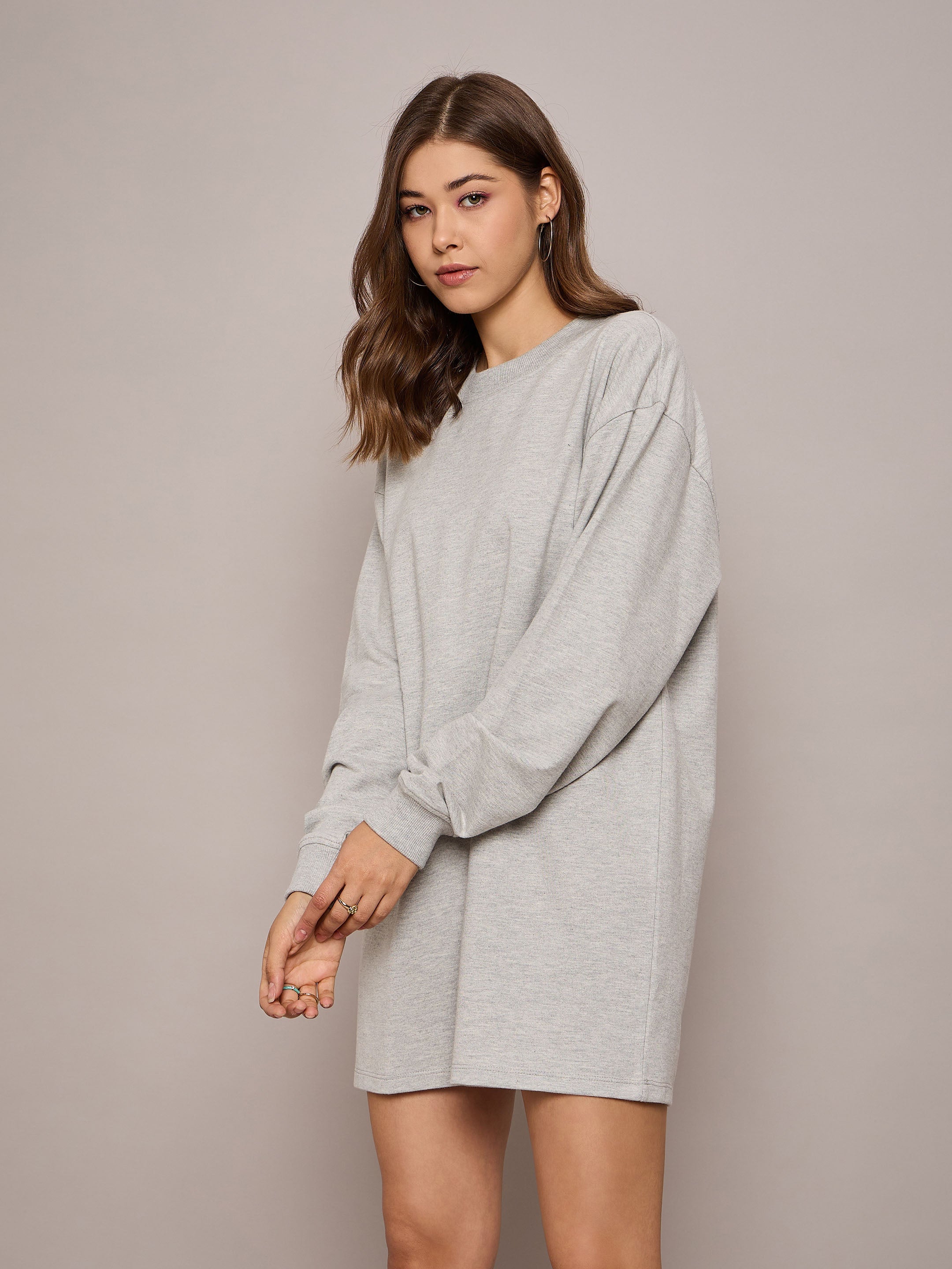 Women Grey Melange Terry Oversized Short Sweat Dress-SFDRSS12526