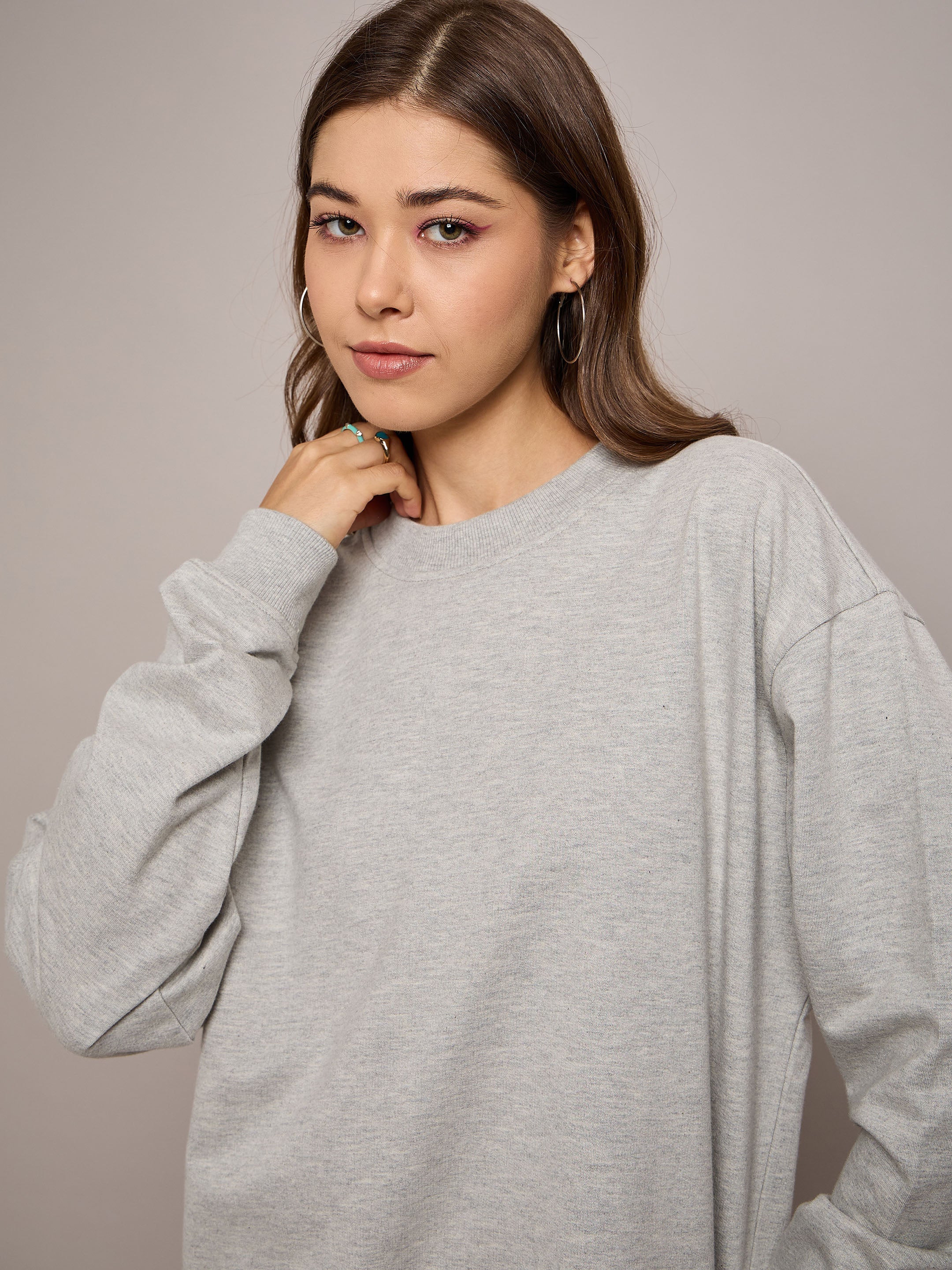 Women Grey Melange Terry Oversized Short Sweat Dress-SFDRSS12526