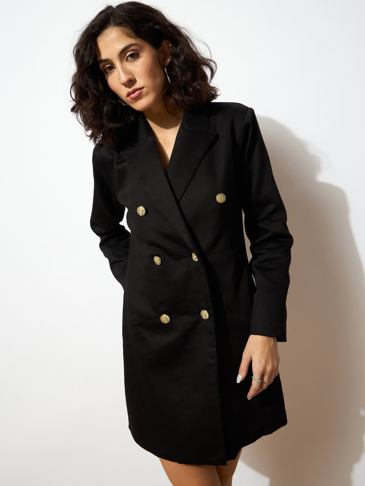 Women Black Full Sleeves Double Breasted Blazer Dress-SFDRSS12528