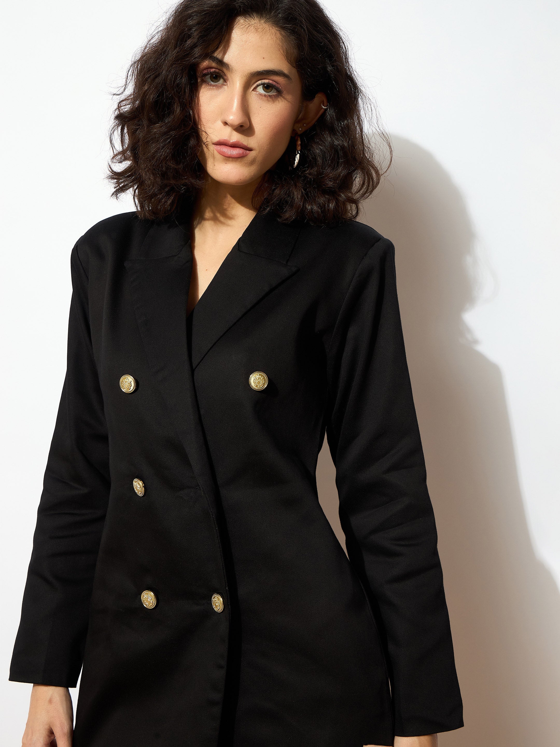 Women Black Full Sleeves Double Breasted Blazer Dress-SFDRSS12528
