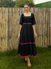Women Black Ric Rac Lace Square Neck Maxi Dress-SFDRSS12529