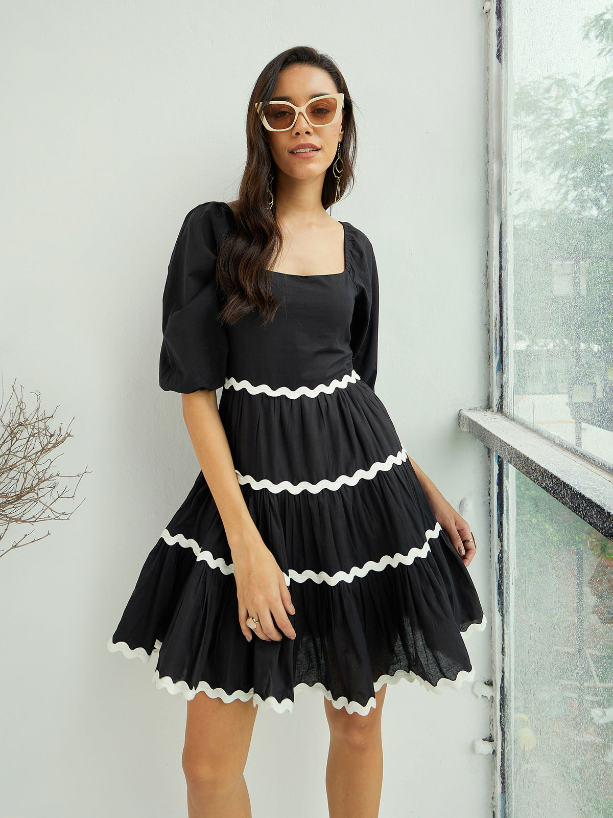 Women Black Ric Rac Lace Flared Above Knee Dress-SFDRSS12530