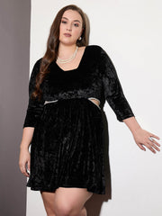 Women Black Velvet Side Cut Out Skater Dress-SFDRSS12531