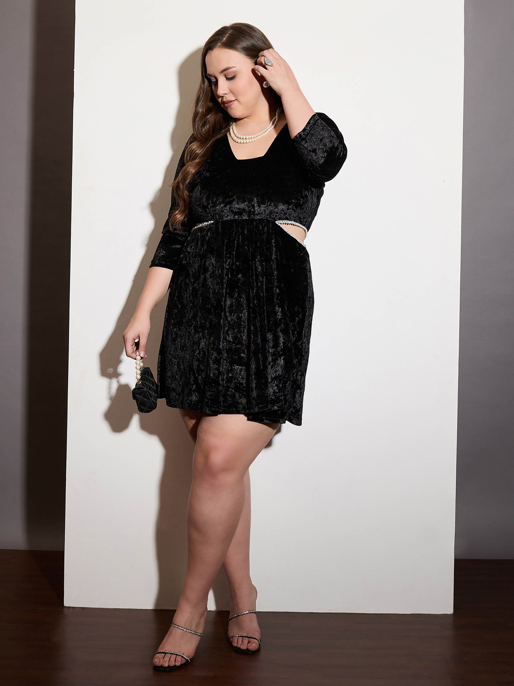 Women Black Velvet Side Cut Out Skater Dress-SFDRSS12531