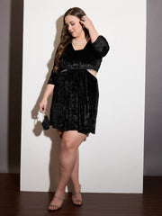 Women Black Velvet Side Cut Out Skater Dress-SFDRSS12531