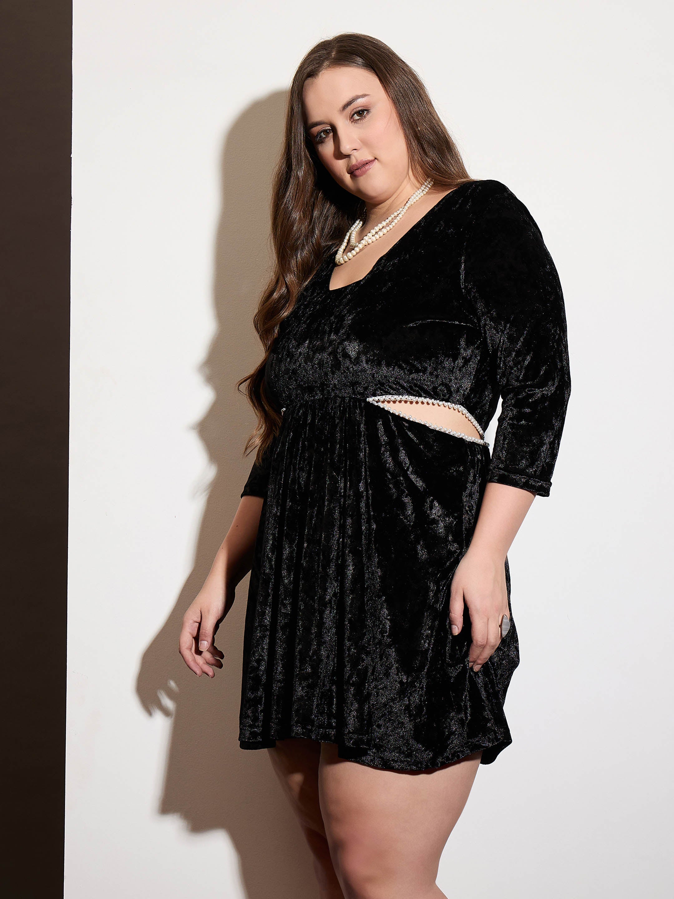 Women Black Velvet Side Cut Out Skater Dress-SFDRSS12531