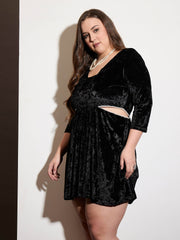 Women Black Velvet Side Cut Out Skater Dress-SFDRSS12531