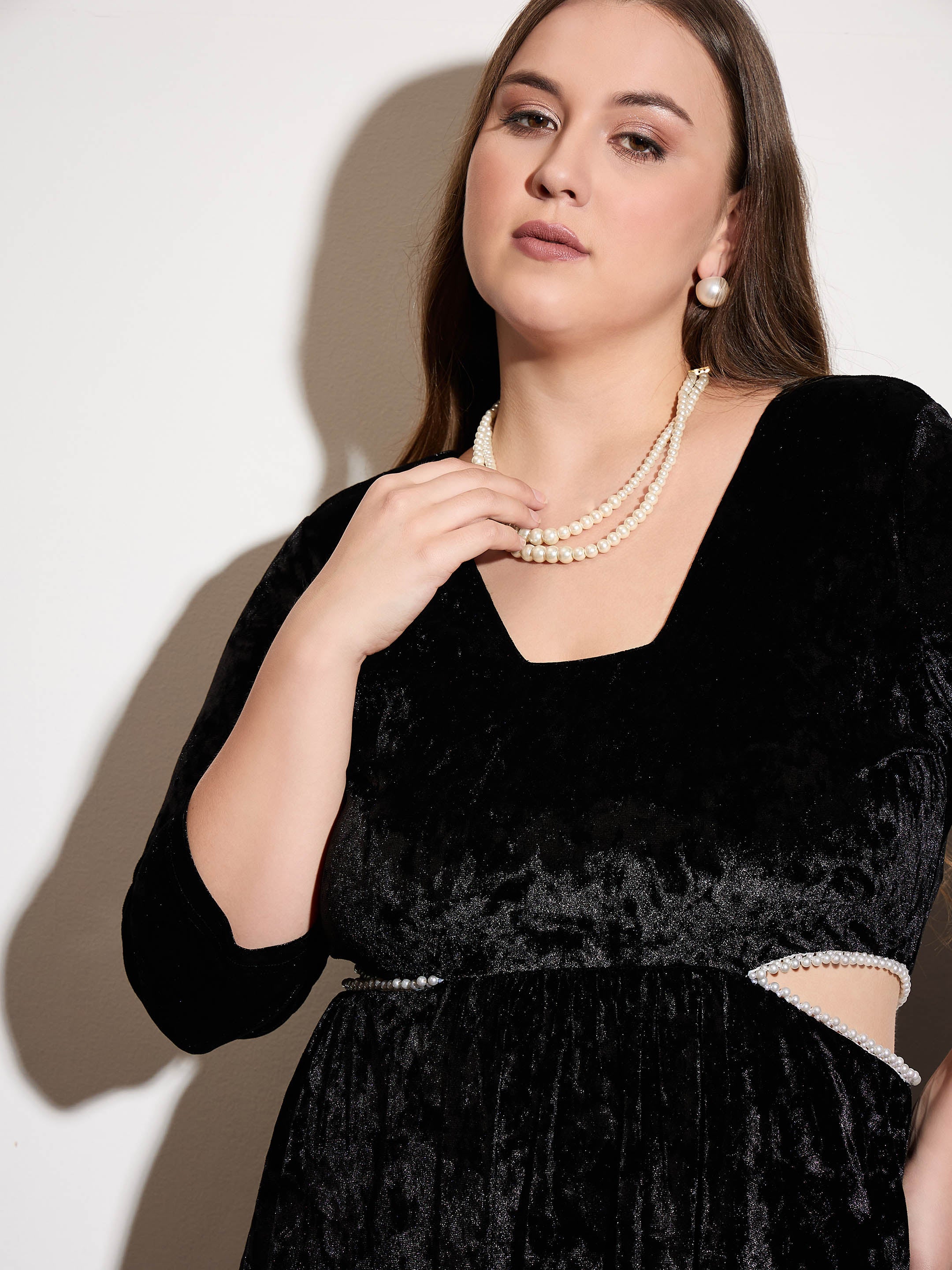 Women Black Velvet Side Cut Out Skater Dress-SFDRSS12531