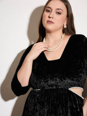 Women Black Velvet Side Cut Out Skater Dress-SFDRSS12531