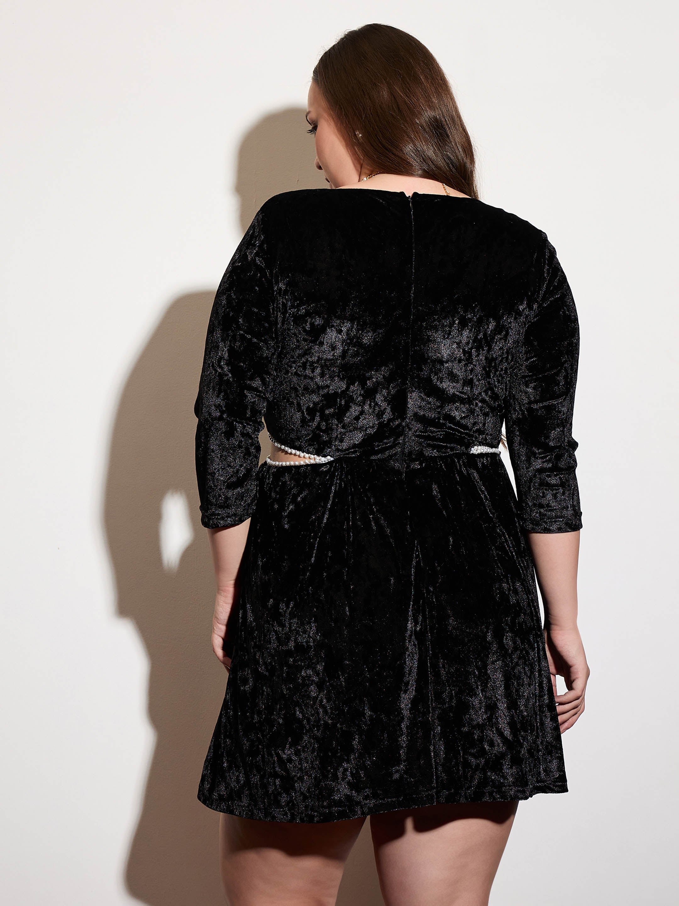 Women Black Velvet Side Cut Out Skater Dress-SFDRSS12531