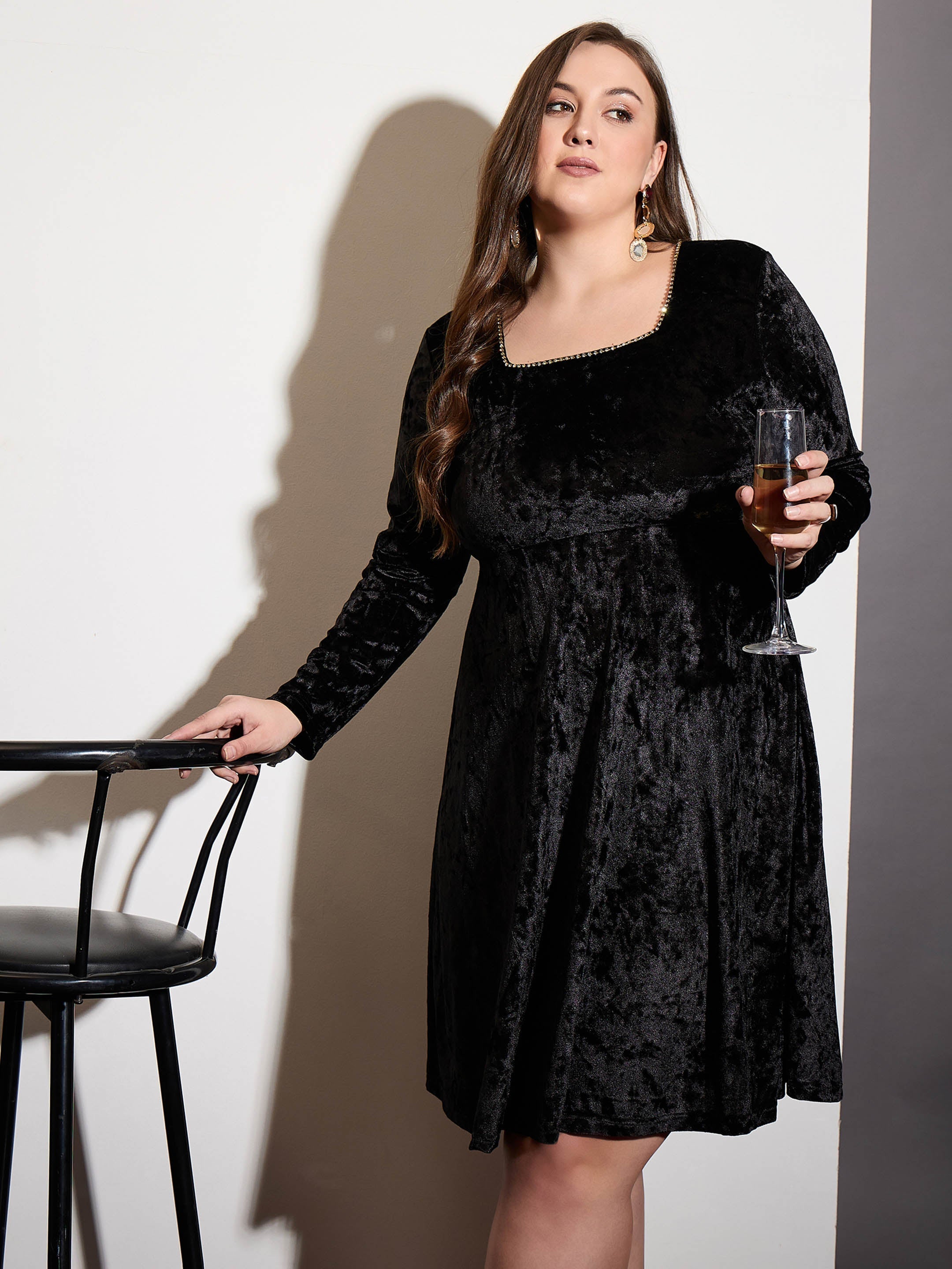 Women Black Velvet Square Neck Flare Dress-SFDRSS12532