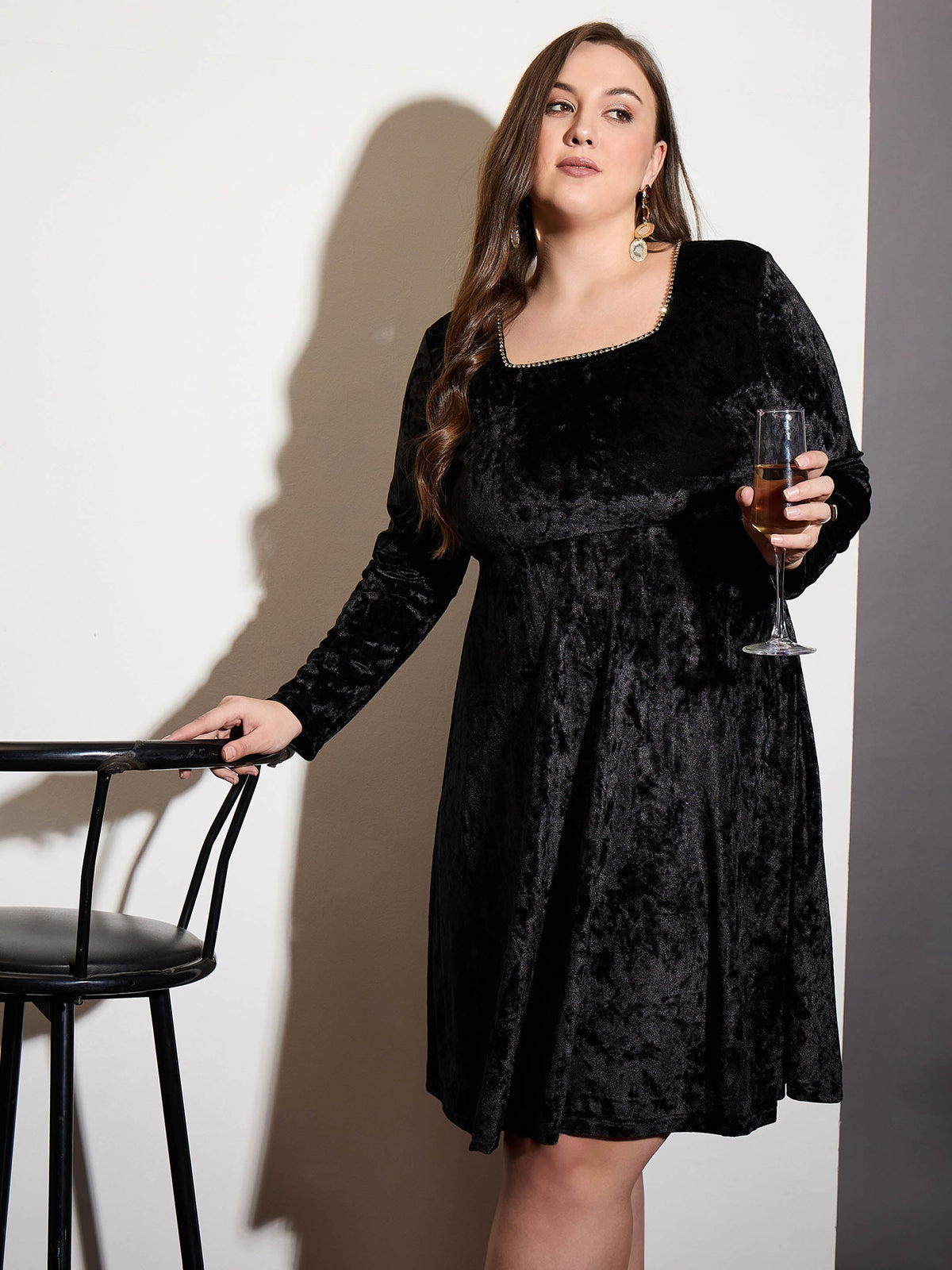 Women Black Velvet Square Neck Flare Dress-SFDRSS12532