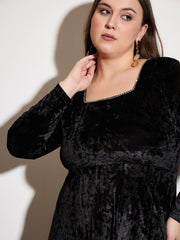 Women Black Velvet Square Neck Flare Dress-SFDRSS12532