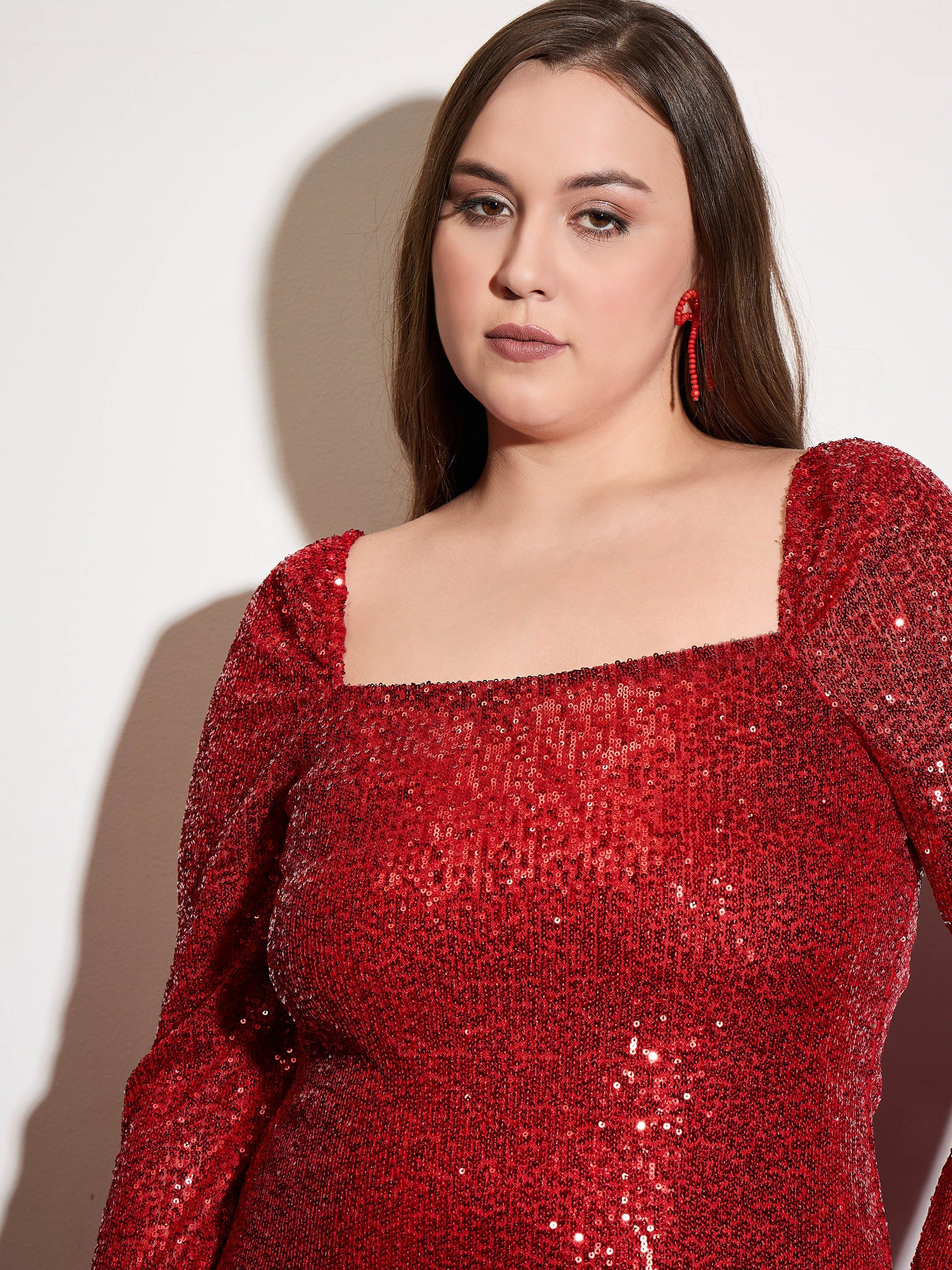 Women Red Sequence Square Neck Midi Dress-SFDRSS12536