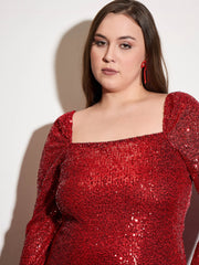 Women Red Sequence Square Neck Midi Dress-SFDRSS12536